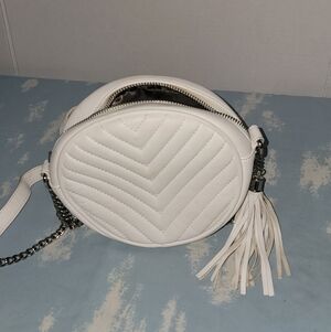 White Quilted Round Crossbody Bag with Tassel